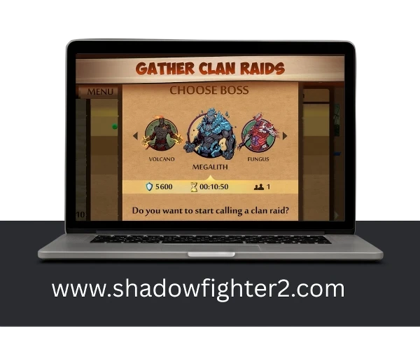 Shadow Fight 2 clan raids screen showing boss selection with three bosses: Volcano, Megalith, and Fungus, along with rewards, timer, and player count