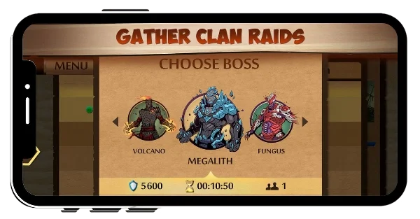 Shadow Fight 2 clan raids screen showing boss selection with three bosses: Volcano, Megalith, and Fungus, along with rewards, timer, and player count