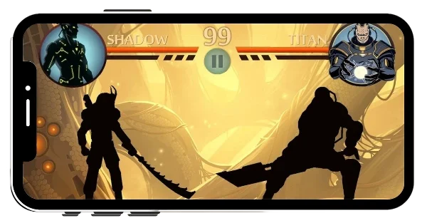 Shadow Fight 2 battle scene showing a fight between Shadwo and Titan, featuring intense combat moves and dramatic energy effects