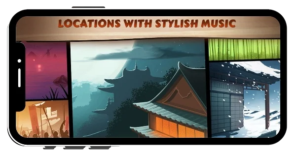 Shadow Fight 2 locations showcase, featuring scenic environments like temples, snowy landscapes, forests, and festivals, each paired with stylish background music.