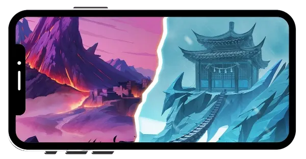 Shades Shadow Fight Roguelike MOD APK skill tree with all special abilities and power upgrades, featuring a split scene of a fiery volcanic land on the left and an icy temple on the right.