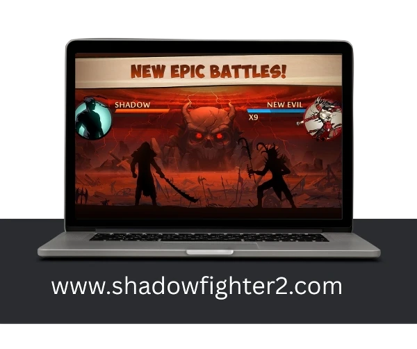 Shadow Fight 2 on pc gameplay screenshot showing an epic battle between Shadow and a new evil enemy with a fiery background.