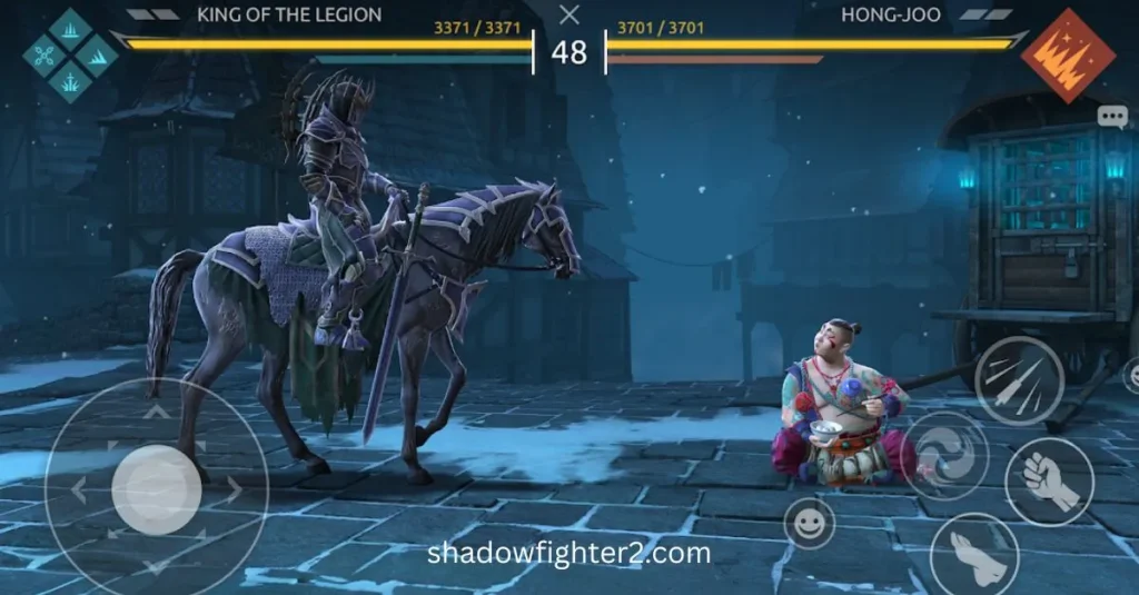 King of the Legion on horseback facing Hong-Joo in a snowy battlefield in Shadow Fight 4 MOD APK.