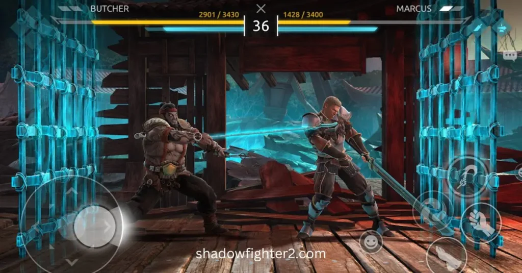 Butcher facing Marcus in Shadow Fight 4 MOD APK, both clashing with powerful melee weapons inside an arena with glowing blue gates.