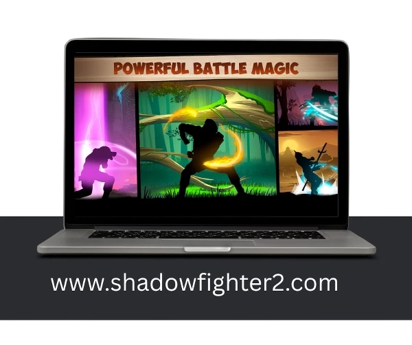 Shadow Fight 2 gameplay collage showing silhouettes of fighters using powerful battle magic with glowing energy effects in various colors.