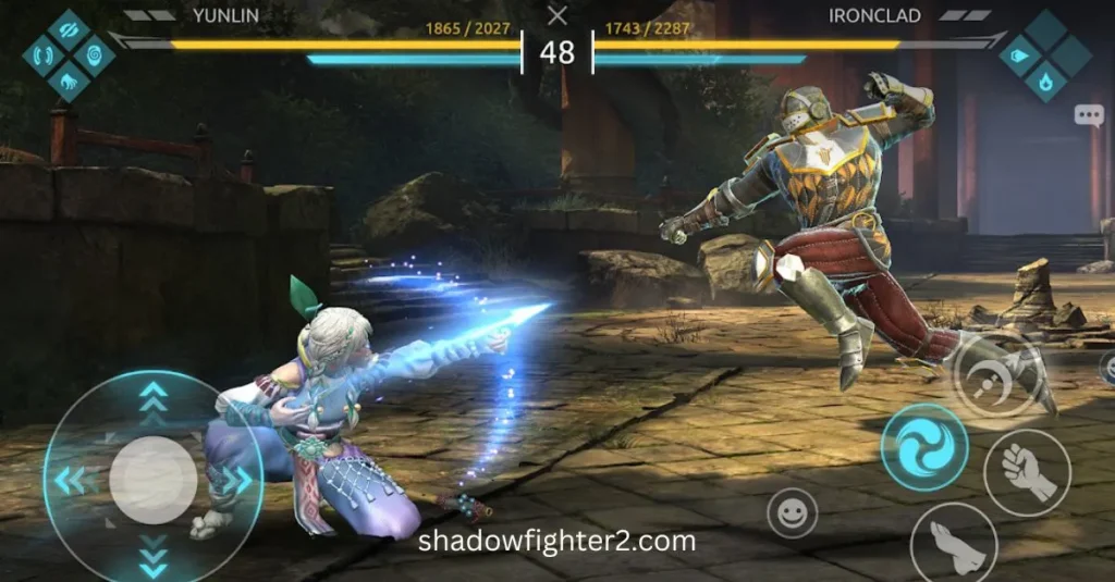 Yunlin attacking Ironclad in Shadow Fight 4 MOD APK, unleashing a glowing blue energy strike in a stone courtyard arena.