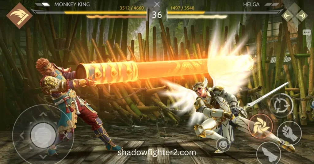 Monkey King strikes Helga with a glowing staff in Shadow Fight 4 MOD APK
