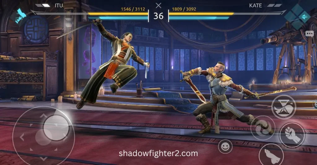 ITU jumps to attack Kate with a dagger in Shadow Fight 4 MOD APK arena battle.