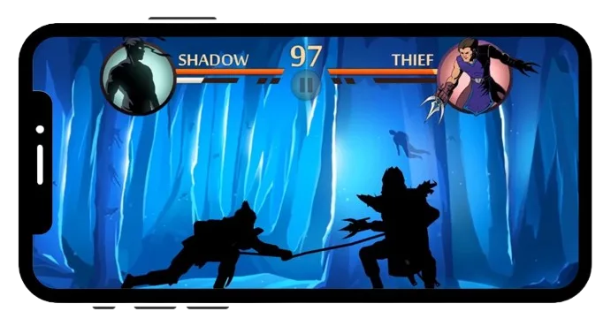 Shadow vs Scavenger intense battle scene from Shadow Fight 2 Special Edition, with a dramatic icy background.