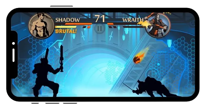 Shadow vs Wraith intense fight scene in Shadow Fight 2 Special Edition, set in a high-tech futuristic arena with fireball action.