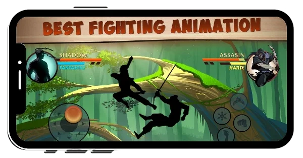 Shadow Fight 2 gameplay on mobile showing two characters, Shadow and Assassin, fighting on a tree branch with action buttons visible on screen.