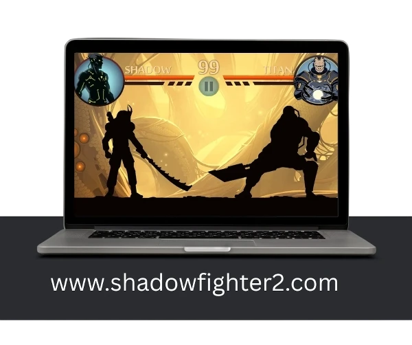 Shadow Fight 2 on PC battle scene showing a fight between Shadwo and Titan, featuring intense combat moves and dramatic energy effects