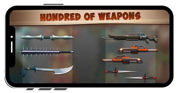 Shadow Fight 2 weapon selection screen showcasing hundreds of weapons including swords, spears, and ranged arms, each with unique designs and abilities.