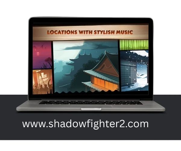 Shadow Fight 2 on PC locations showcase, featuring scenic environments like temples, snowy landscapes, forests, and festivals, each paired with stylish background music.
