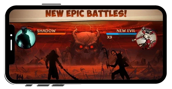 Shadow Fight 2 gameplay screenshot showing an epic battle between Shadow and a new evil enemy with a fiery background.