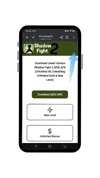 Shadow Fighter 2 website interface displayed on the mobile screen.