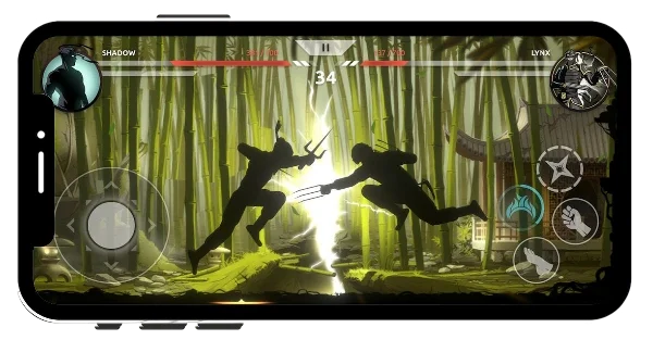 Shades Shadow Fight Roguelike MOD APK intense ninja battle scene in bamboo forest with dual weapons