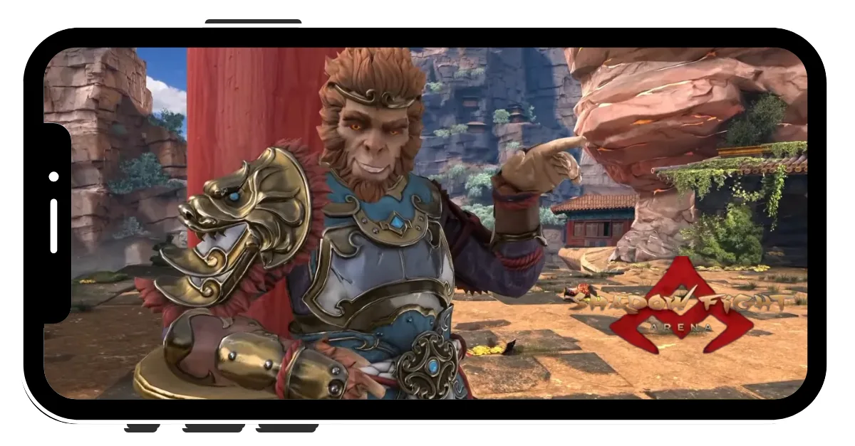 Monkey King in Shadow Fight 4 MOD APK wielding a staff with Shape-shifting powers, transforming to confuse enemies and gain a tactical advantage in combat.